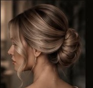 Low bun updo with soft face-framing balayage